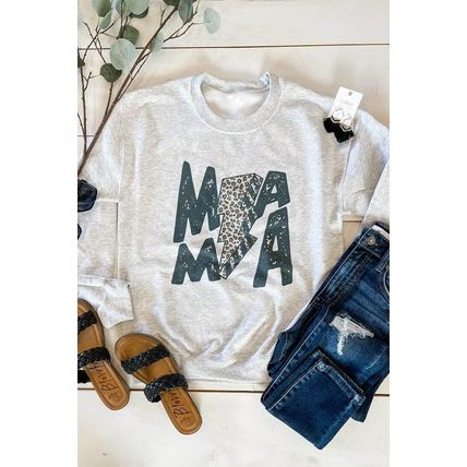 Gray MAMA Lightning Leopard Print Long Sleeve Sweatshirt