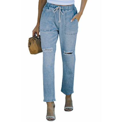 Sky Blue Gather Round Distressed Pocketed Denim Jogger