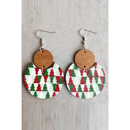 Dark Green Christmas Checker Graphic Wooden Earrings