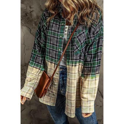 Blackish Green Contrast Plaid Patchwork Chest Pocket Button up Shacket