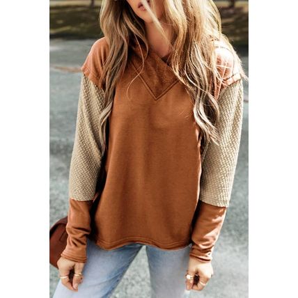 Chestnut Contrast Sleeves Patchwork Colorblock Hoodie