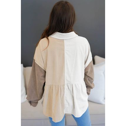 Khaki Corduroy Colorblock Button up Loose Shacket