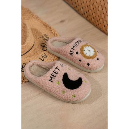 Light Pink Moon & Clock Pattern Fuzzy Home Slippers