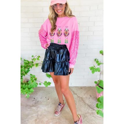 Pink Christmas Nutcracker Graphic Sequin Sleeve Sweatshirt