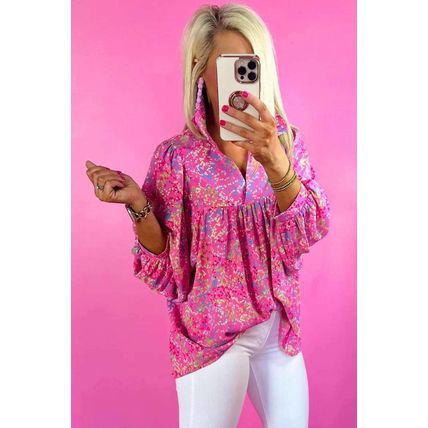 Bonbon Abstract Print Collared V Neck Babydoll Blouse