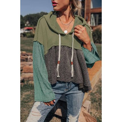 Laurel Green Mixed Textured Colorblock Patchwork Wide Sleeve Frayed High Low Hoo