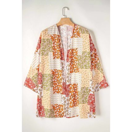 White Boho Patchwork Floral Open Front Kimono