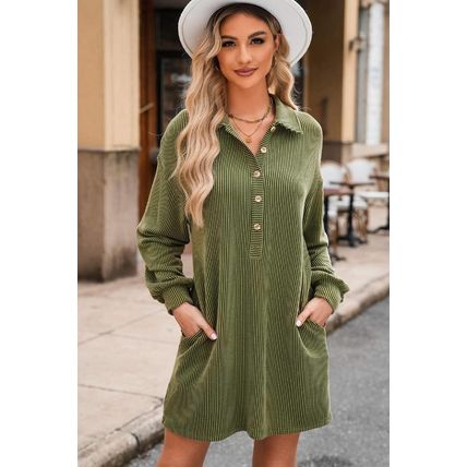 Moss Green Corded Buttons Placket Drop Shoulder Collared Shift Dress