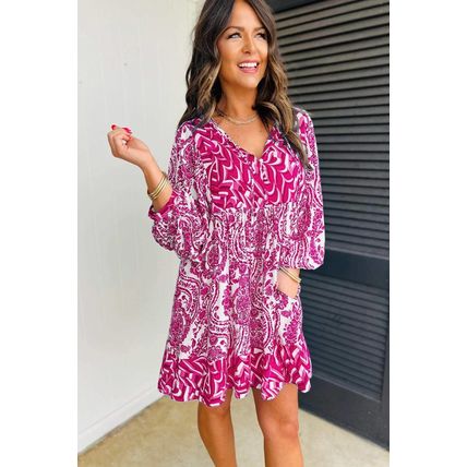 Rose Bohemian Print Puff Sleeve Tied V Neck Flared Mini Dress
