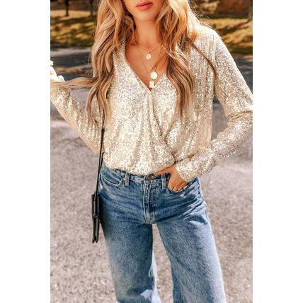 Beige Sequin Long Sleeve Wrap V Neck Bodysuit