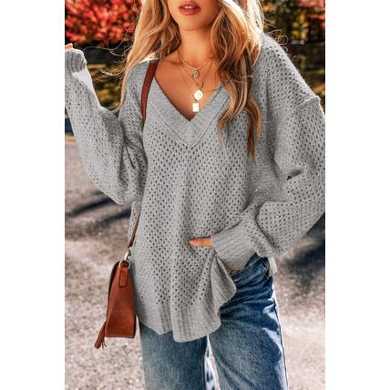 Light Grey Loose Eyelet V Neck Drop Shoulder Sweater
