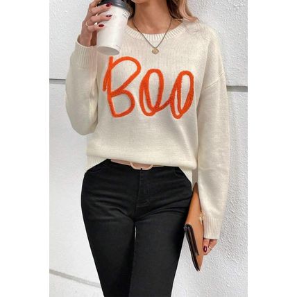 Apricot Boo Knitted Pattern Ribbed Edge Drop Shoulder Sweater