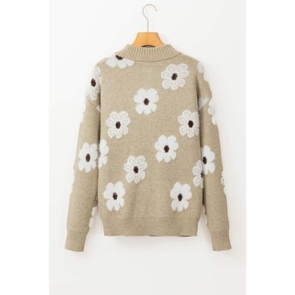 Khaki Floral Pattern Half Zip Drop Shoulder Sweater