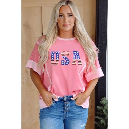 Peach Blossom USA Color Block High Low Crew Neck T Shirt