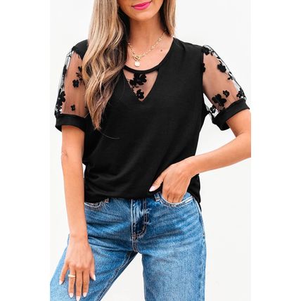 Black Flora Lace Patchwork Crew Neck T Shirt
