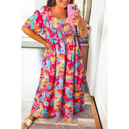 Rose Abstract Printed Puff Sleeve Square Neck Smocked Bust Tied Back Plus Size D