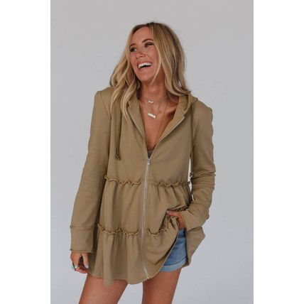 Khaki Tiered Ruffled Zip-Up Drawstring Hooded Jacket