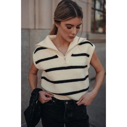 White Stripe Zipped Collar Cap Sleeve Knit Top