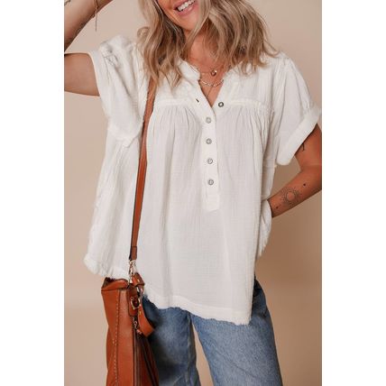 White Textured Short Sleeve Buttons Frayed Blouse