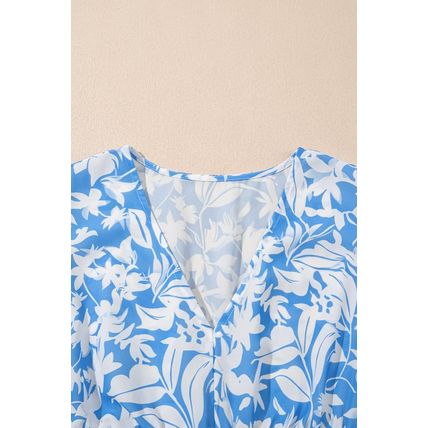 Sky Blue Floral V Neck Puff Short Sleeve Flowy Long Dress