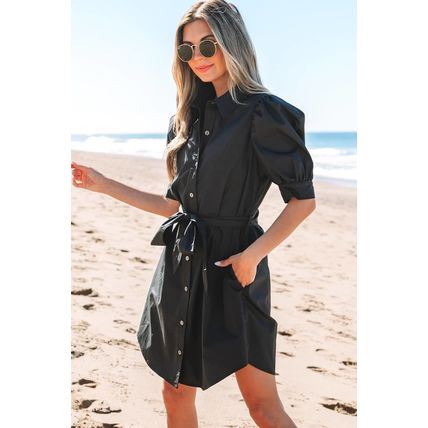 Black Button Up Tie Waist Puff Sleeve Mini Dress