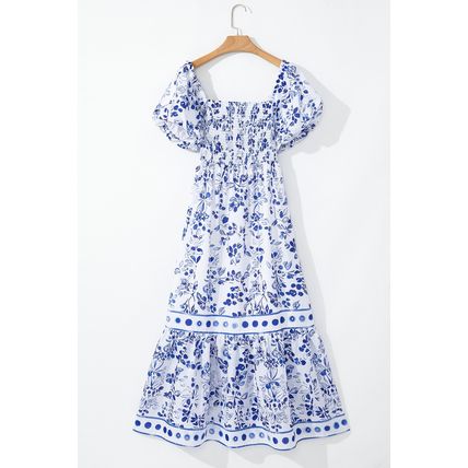 Sky Blue Floral Print Square Neck Bubble Sleeve High Waist Maxi Dress