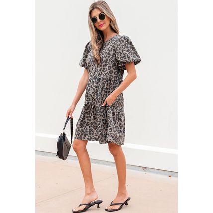 Brown Denim Leopard Printed Short Puff Sleeve Mini Dress