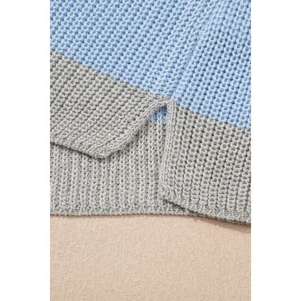 Light Blue Color Block Notch V Neck Sweater T Shirt