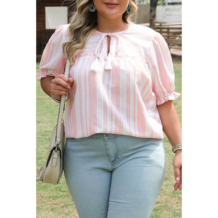 Pink Stripe Plus Size Tassel Tie Frilled Detail Short Sleeve Blouse