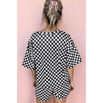 Black Sequined Crawfish Checkered Half Sleeve Top and Shorts Lounge Set