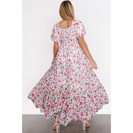 Pink Floral Puff Sleeve Square Neck Empire Waist Tiered Maxi Dress