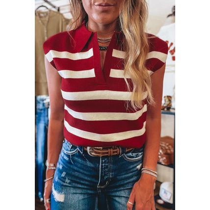 Red Stripe Collared Split Neck Sweater Vest