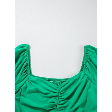 Bright Green Ruched Front Puff Sleeve Plus Size Long Dress