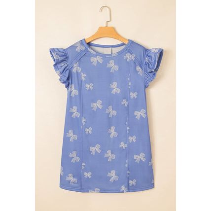 Sky Blue Bow Knot Print Crewneck Ruffled Sleeve Shift Mini Dress