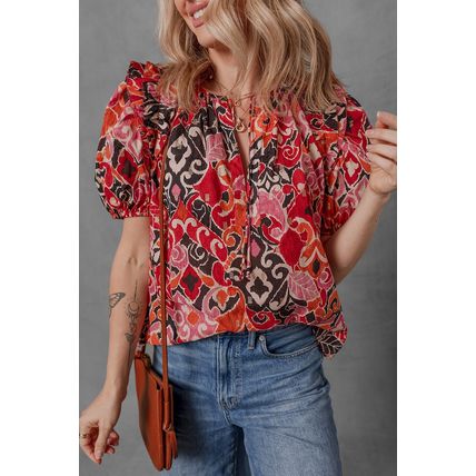 Red Ethnic Print Split Neck Short Puff Sleeve Blouse