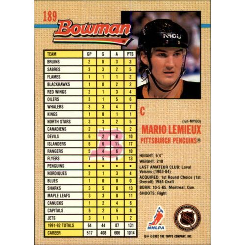 1992 Bowman Mario Lemieux
