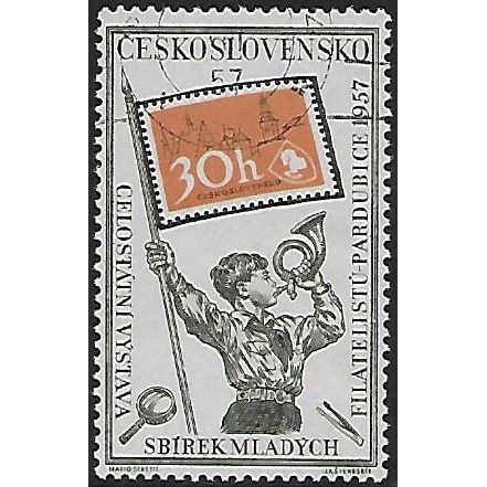 Mi 1028: 30 h. Russian green/salmon Postage Stamp Exhibition 'Pardubice 1957.'