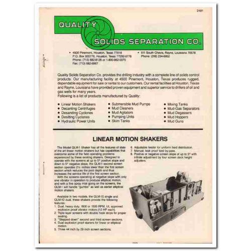 Quality Solids Separation Company 1993 Vintage Catalog Oil Shakers
