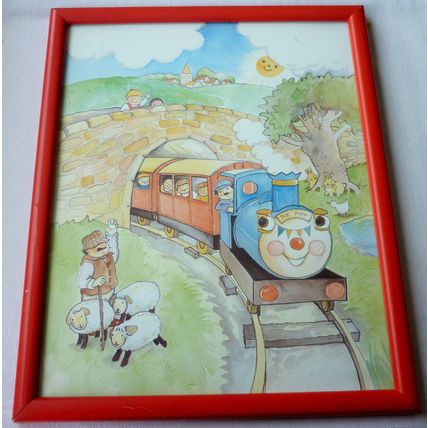 Vintage Childs Cartoon Train Print Joe Puff Red Metal Frame 10" x 8 1/4"