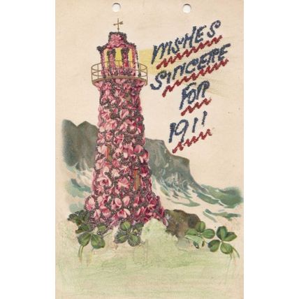 The Year 1911 Lighthouse REAL GLITTER ANTIQUE Sparkle Old Postcard