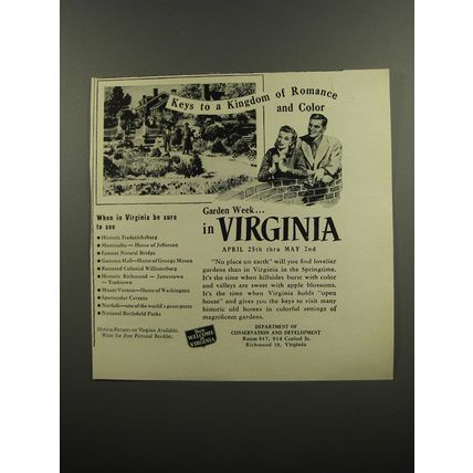 1953 Virginia Tourism Ad - Keys to a kingdom of romance and color