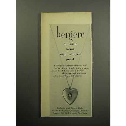 1957 Bergere Jewelry Ad - Romantic heart with cultured pearl