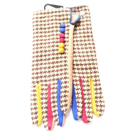 Equilibrium Ladies Gloves Houndstooth Brown & Cream Fabric Colourful Fingers