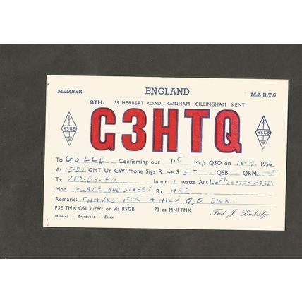 QSL Card G3HTQ Fred Burbridge Herbert Road Rainham Kent