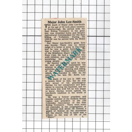 Major John Lee-Smith Scarborough Obituary - 1968 Small News Cutting