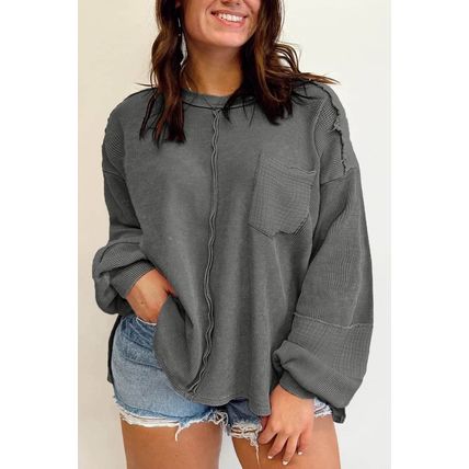 Dark Grey Plus Size Exposed Seam Crinkle Patchwork Top