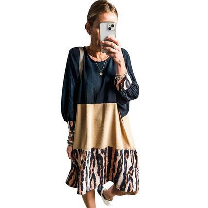 Khaki Printed Tiger Stripe Colorblock Bishop Sleeve Mini Dress