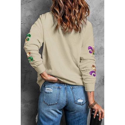 Khaki Sequin Mardi Gras Graphic Pullover Sweatshirt