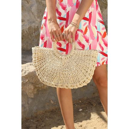 Beige Bamboo Weaving Semicircle Tote Handbag