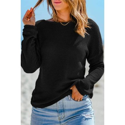 Black Waffle Knit Drop Shoulder Long Sleeve Top